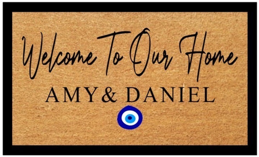 Personalised Welcome to our home Coir Doormat (Evil Eye & Bordered)
