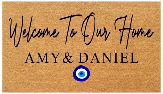 Welcome to our home Coir Doormat (Personalised with Evil Eye)